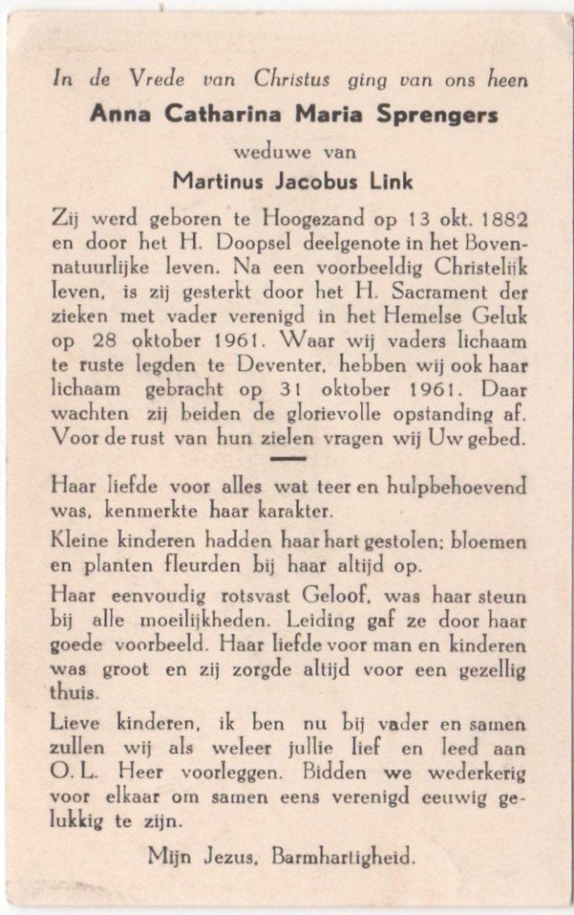 Anna C.M. Sprengers 1882 Hoogezand + 1961 Deventer, 79 jaar, Verzamelen, Bidprentjes en Rouwkaarten, Ophalen of Verzenden