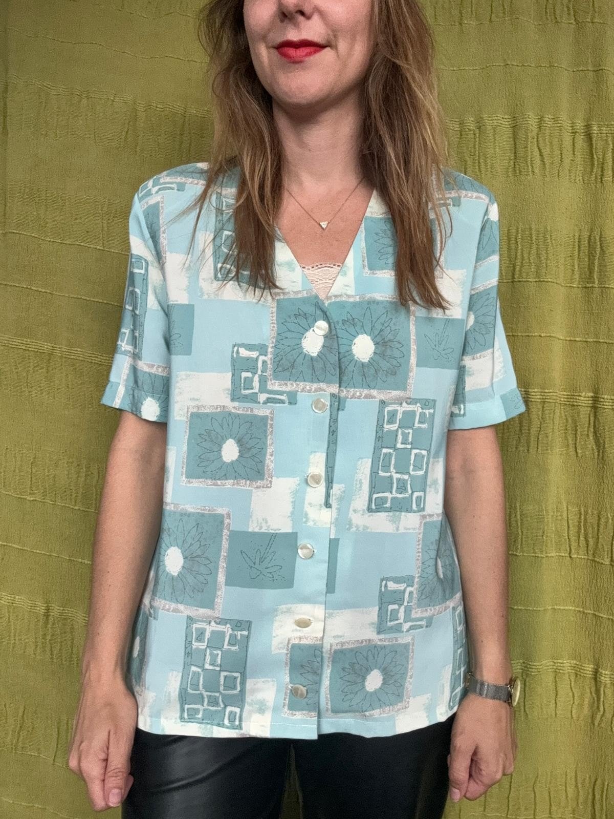 Vintage blouse, maat 40/42 - L/XL - groen - print - 90's, Maat 38/40 (M), ,, Ophalen of Verzenden, Vintage