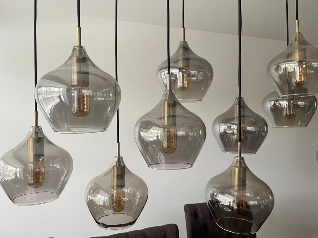 Moderne hanglamp met 10 glazen kappen - Zo goed als nieuw, Ophalen, Zo goed als nieuw, Metaal