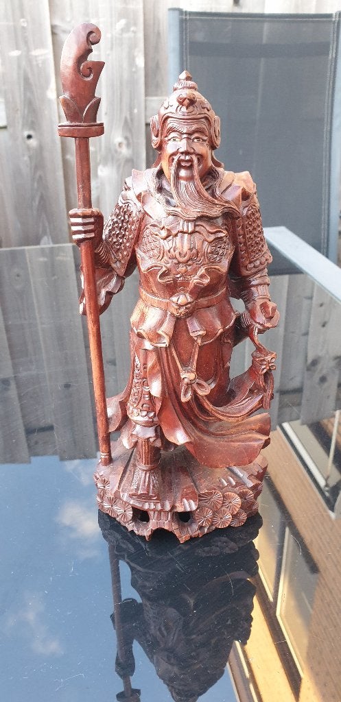 Houten figuur, Aziatische krijger, circa 30 cm hoog, Hout, Handgemaakt, Bruin, Ophalen of Verzenden