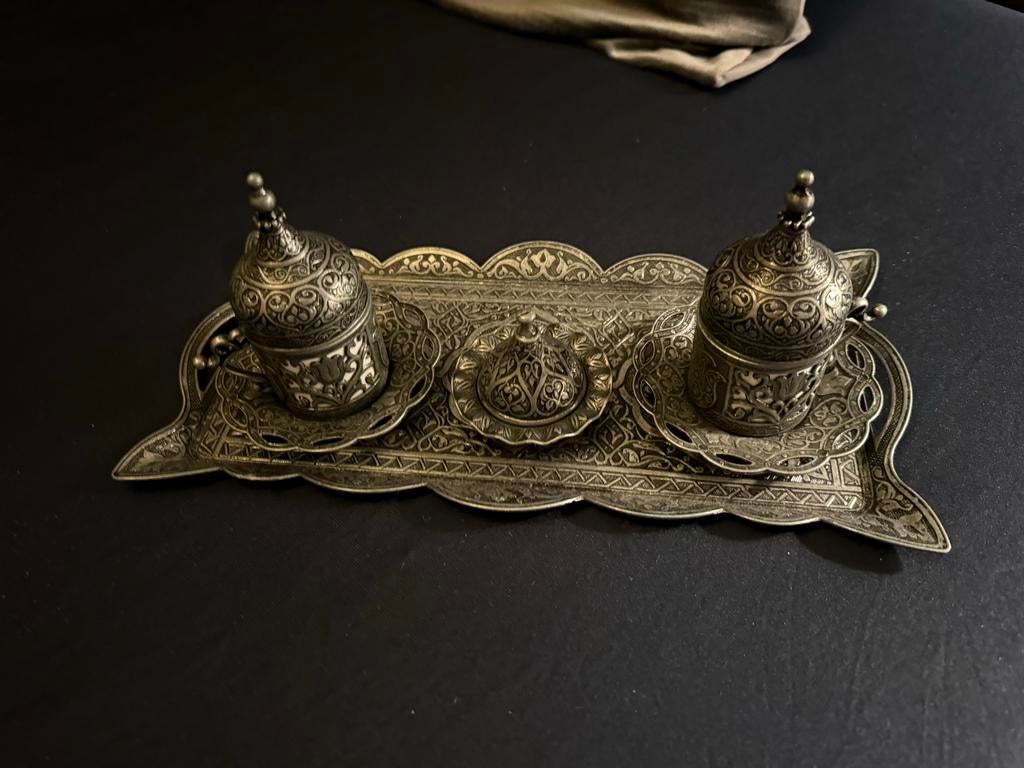 Turkse koffieset met dienblad - Antiek zilverkleurig, Huis en Inrichting, Woonaccessoires | Boeddhabeelden, Ophalen of Verzenden