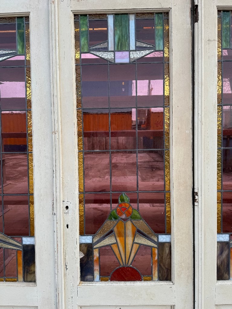 Openslaande deur met zijpanelen en bovenlicht glas in lood, Ophalen