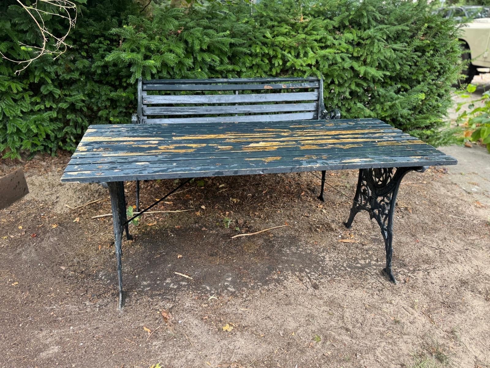 Gietijzeren tuinset met bank en tafel, Ophalen, Gebruikt, 3 zitplaatsen, Hout