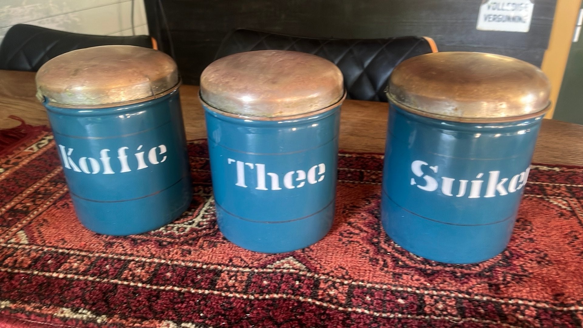 Leuke emaile koffie thee en suiker bussen petrol blauwe, Ophalen of Verzenden