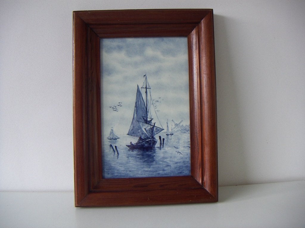 Porselein keramiek tegelplaat jr.1900-1910. Zeilboten op zee, Ophalen of Verzenden, Zo goed als nieuw, Wandbord of Wandpaneel