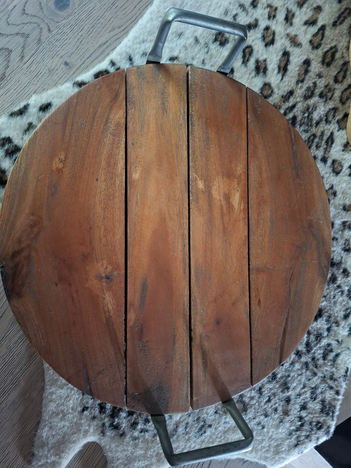 Rond houten dienblad met metalen handvatten, Rond, Ophalen of Verzenden, Zo goed als nieuw, Dienblad