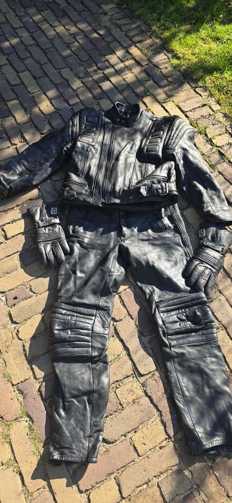 Leren motorpak (jas, broek, handschoenen) maat 54, Ophalen, Tweedehands, Combipak