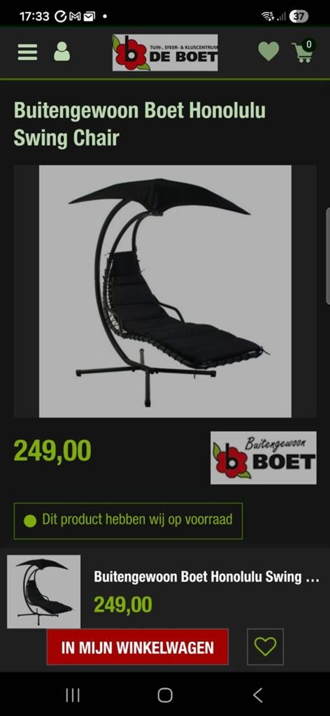 Buitengewoon Boet Honolulu Swing Chair, Nieuw, Ophalen of Verzenden, Met standaard, Eenpersoons