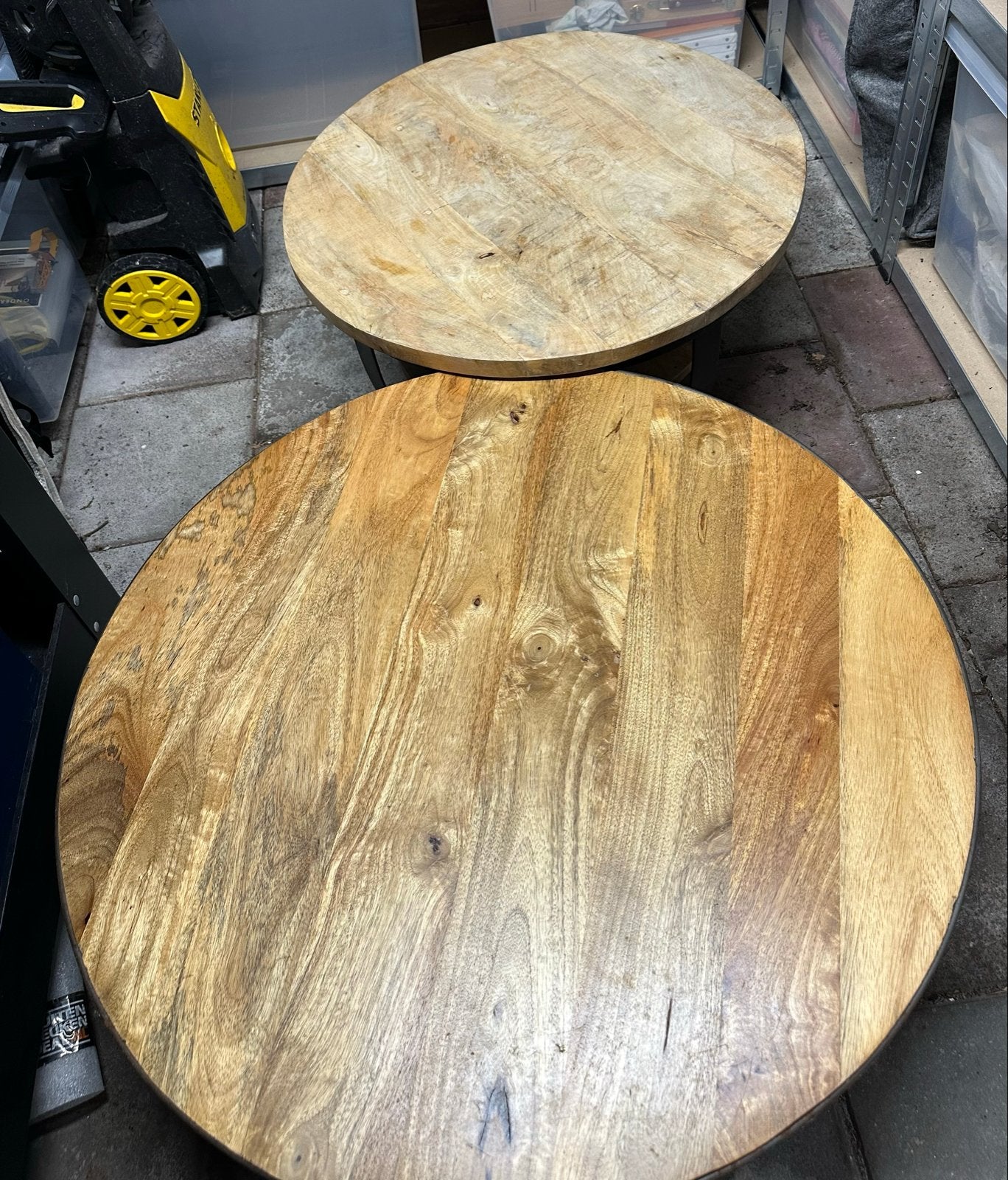 Ronde salontafels van mangohout en metaal (los of samen), Huis en Inrichting, Ophalen, Gebruikt, Rond, 50 tot 100 cm