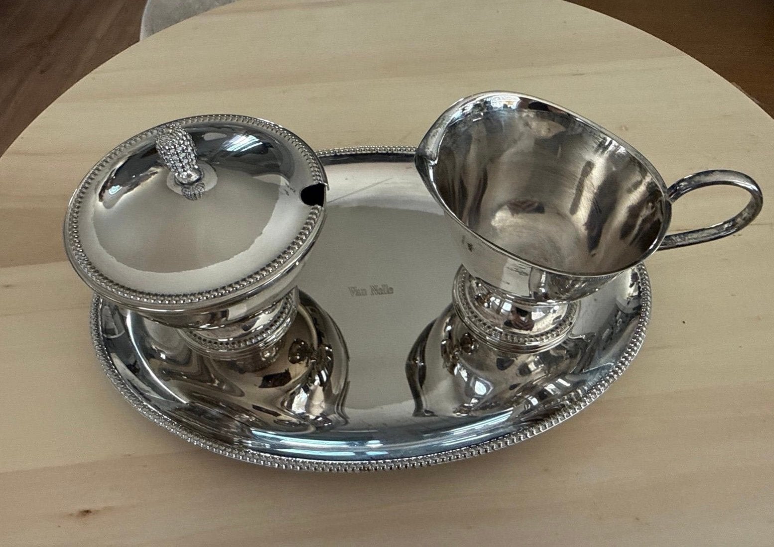 Van Nelle Melk & Suiker Setje Verzilverd Parelrand, Antiek en Kunst, Ophalen of Verzenden, Zilver