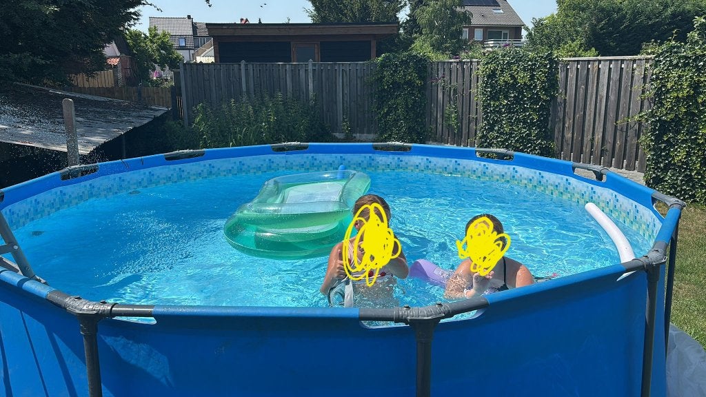 Zwembad 120 x 366 cm, incl. Sunnytent, zoutsys en warmtepomp, Gebruikt, Rond, 300 cm of meer, Opzetzwembad