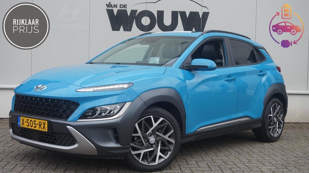 Hyundai Kona 1.6 HYBRID Premium Automaat Schuif-Kanteldak St, Auto's, Gebruikt, Blauw, 23 km/l, SUV of Terreinwagen