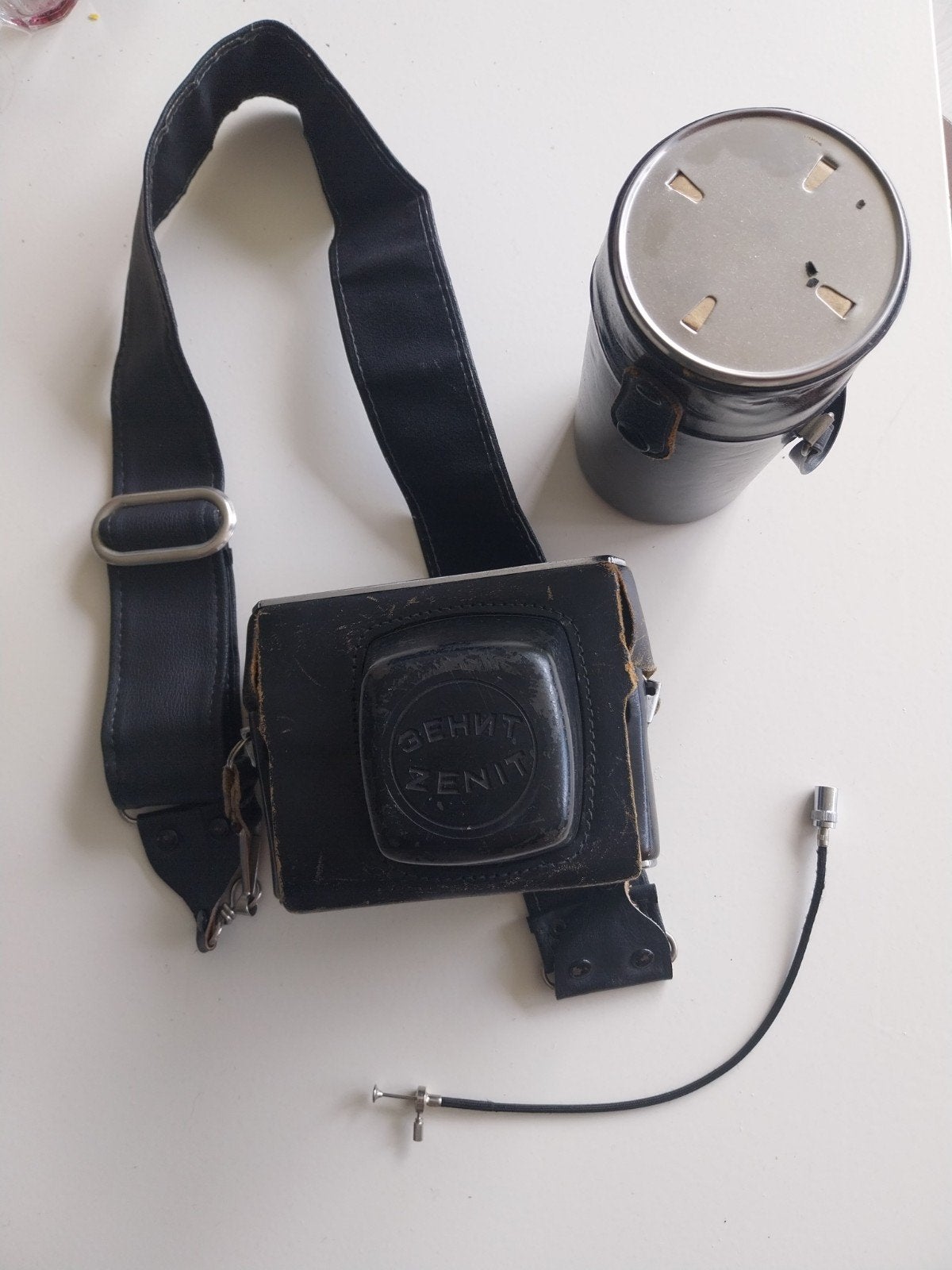 Zenit EM Spiegelreflexcamera met Olympische Spelen 1980 logo, Ophalen of Verzenden, Gebruikt, Spiegelreflex, Overige Merken