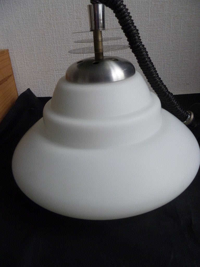 Vintage jaren 60 melkglazen hanglamp met trekpendel, Gebruikt, Vintage, Glas, E27 (groot)