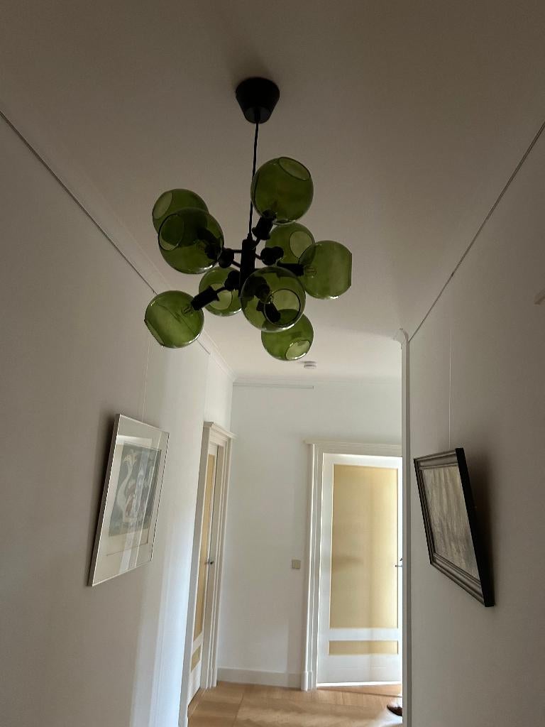 mooie (art-deco?) plafondlamp, Ophalen, Zo goed als nieuw, Glas, Art-deco?   in iedergeval redelijk uniek!