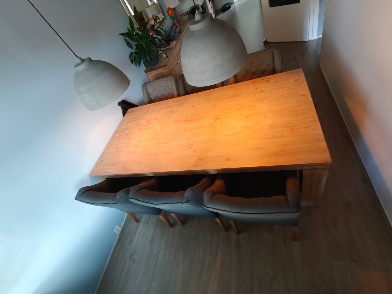 Eetkamer set: Houten eettafel + 6 stoelen., Huis en Inrichting, Tafels | Salontafels, Ophalen, Gebruikt, 100 tot 150 cm, 200 cm of meer