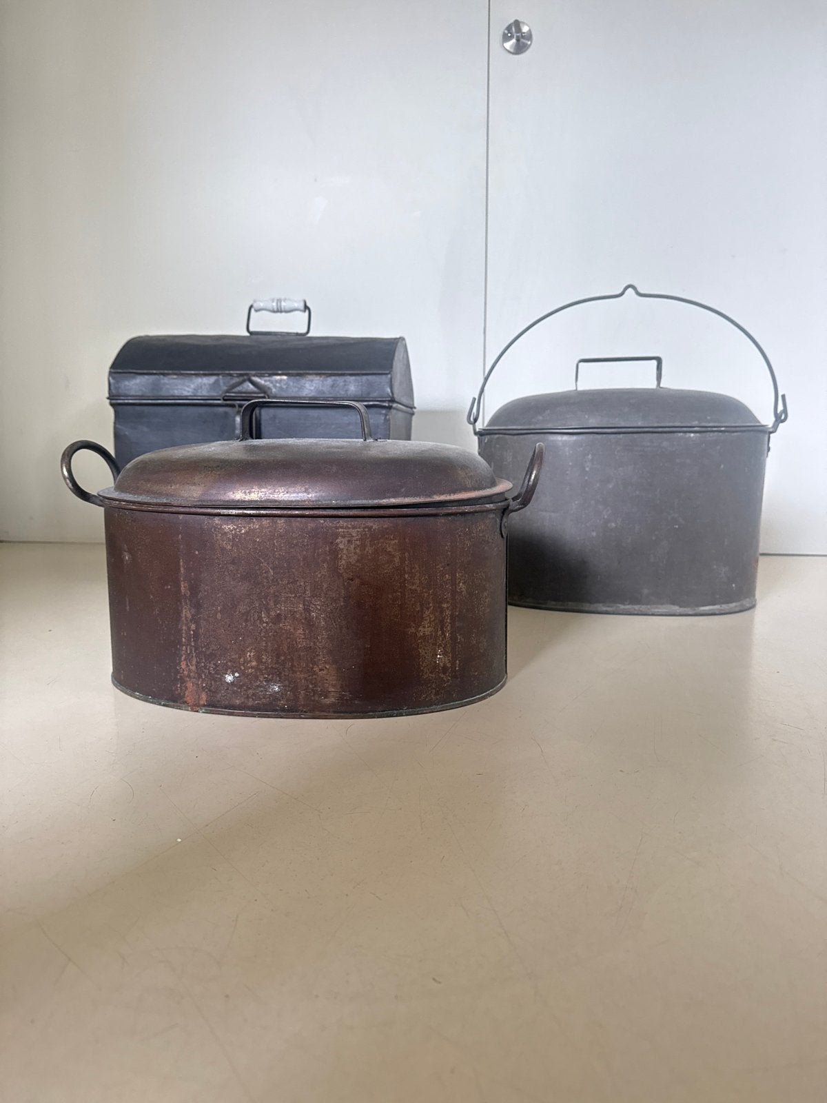 Set van 3 vintage containers: broodtrommel, emmer, p, Ophalen of Verzenden