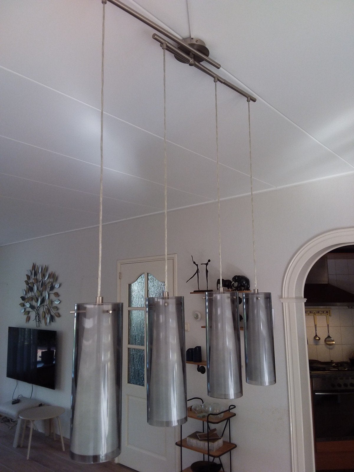 Moderne plafondlamp met rookglas kelken - draaibaar systeem, Ophalen, Gebruikt, Glas, Modern