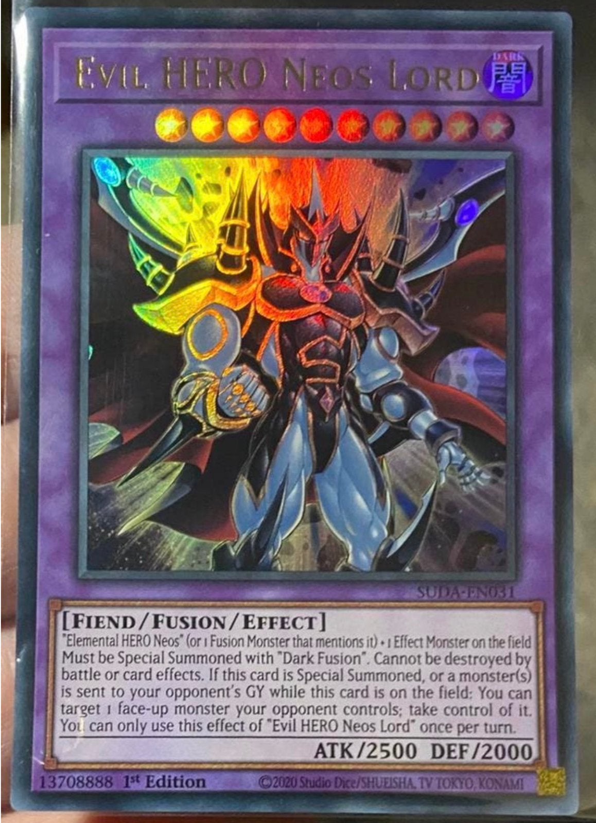 Yu-Gi-Oh! Evil HERO Neos Lord SUDA 1st Edition !, Ophalen of Verzenden, Zo goed als nieuw, Losse kaart, Foil