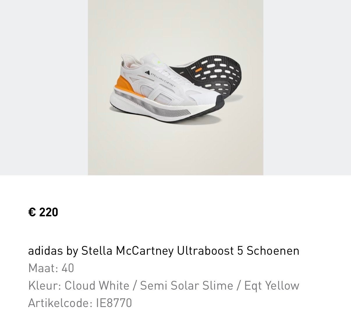 Nette Adidas by Stella McCartney Ultraboost 5 Maat 40, Ophalen, Gedragen, Wit, Sportschoenen