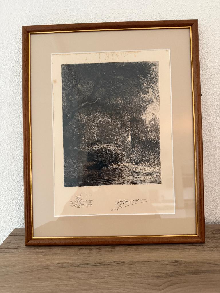 Ets / gravure P.J. Arendzen - toren in het bos, Ets, 43 cm, 35 cm, Ophalen of Verzenden