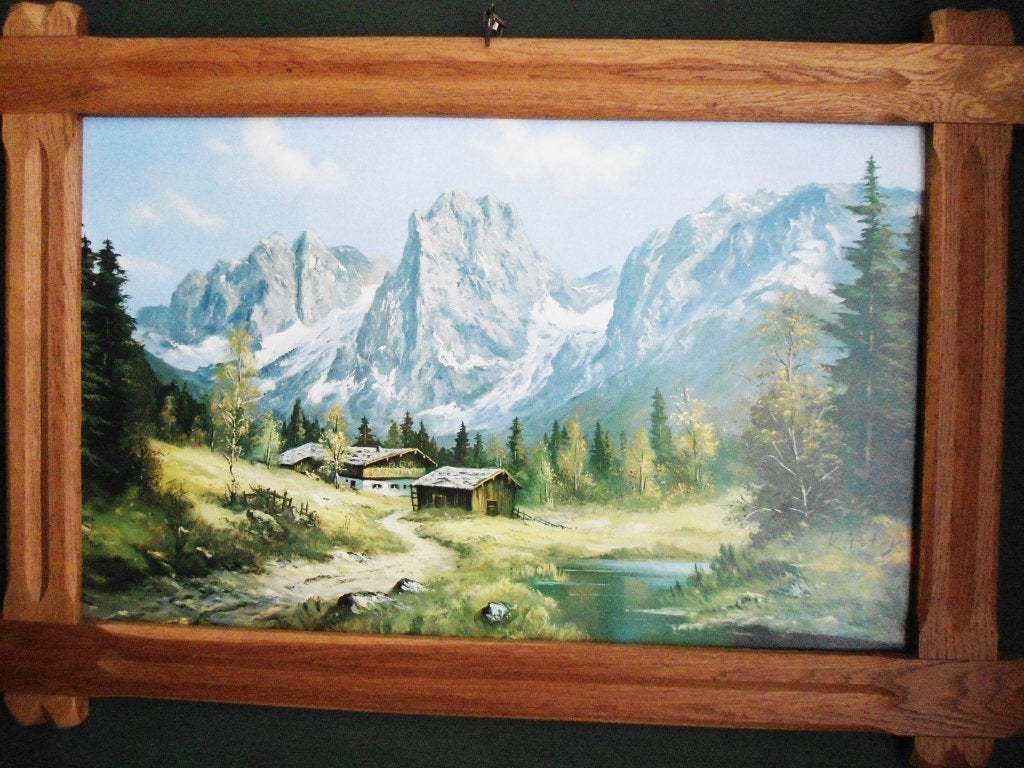 Groot olieverf schilderij K. Petry : Kaiser Gebirge, Ophalen, Ingelijst, Landschap, Olieverf