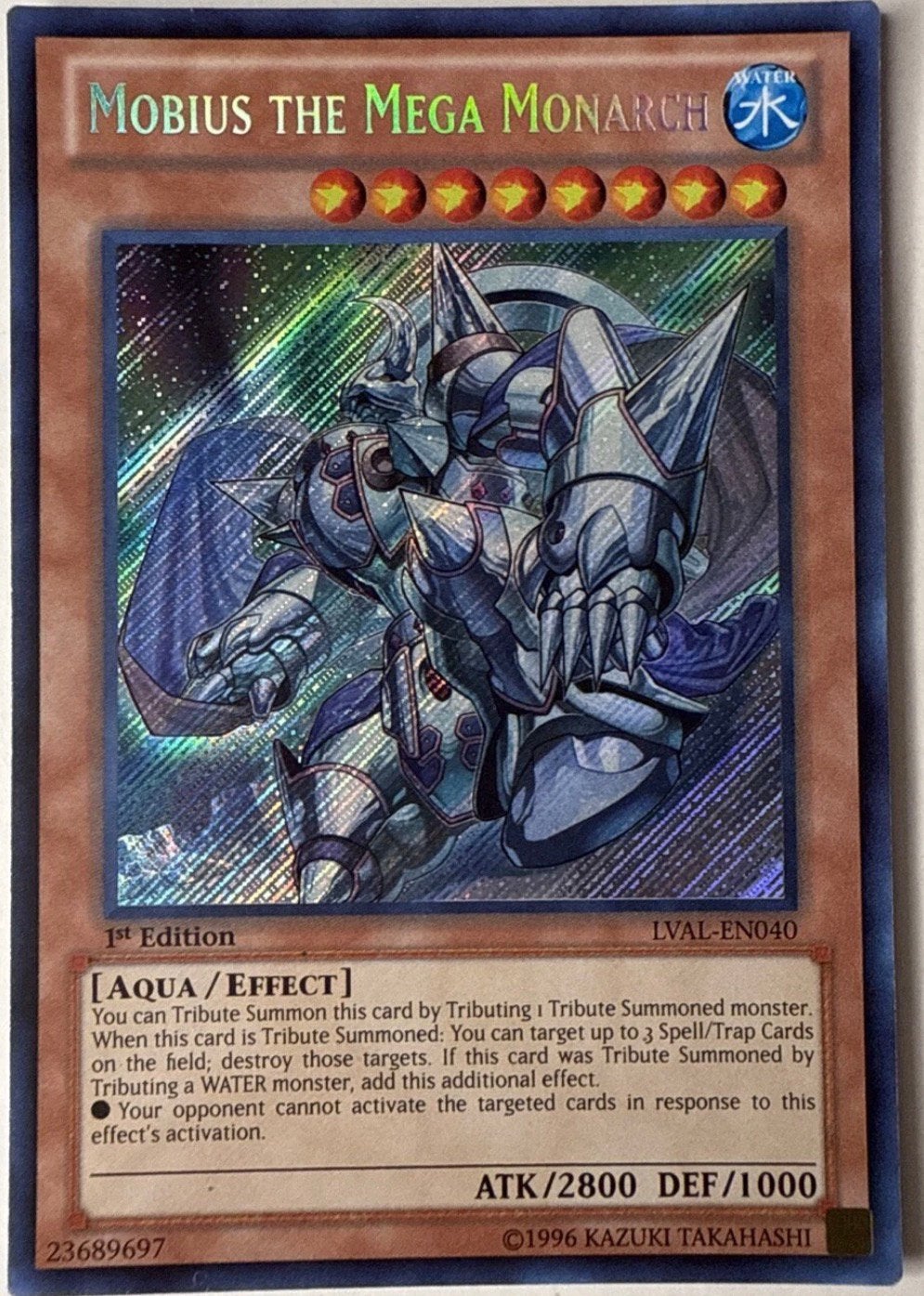 Yu-Gi-Oh! Mobius the Mega Monarch LVAL 1st Edition !, Ophalen of Verzenden, Zo goed als nieuw, Losse kaart, Foil