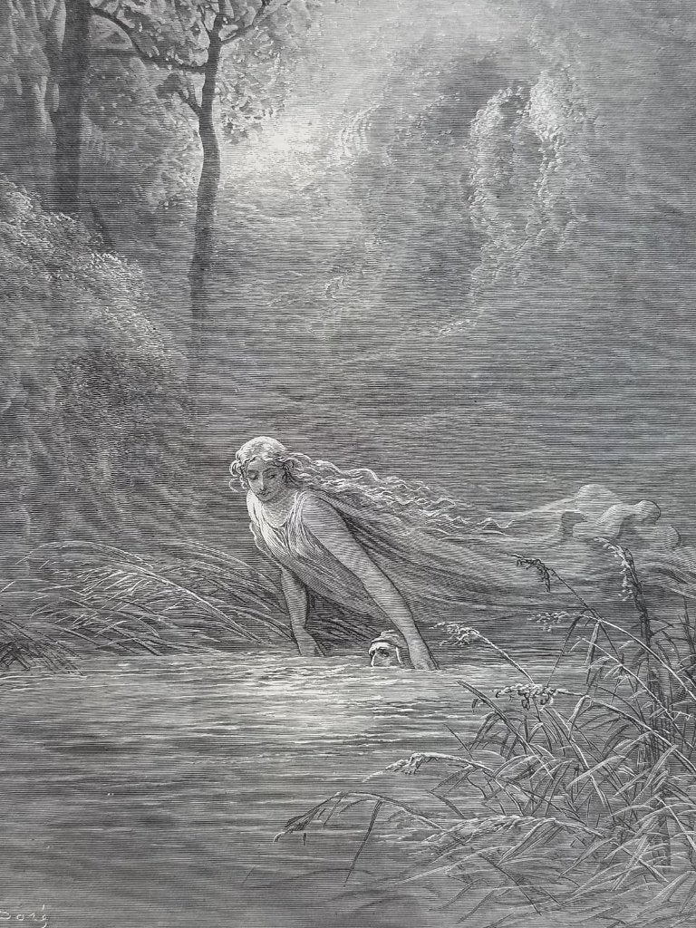 Originele houtgravure - Dante, Lethe - Gustave Doré (Dore), Verzenden, Gravure, Blanco verso, 30 cm