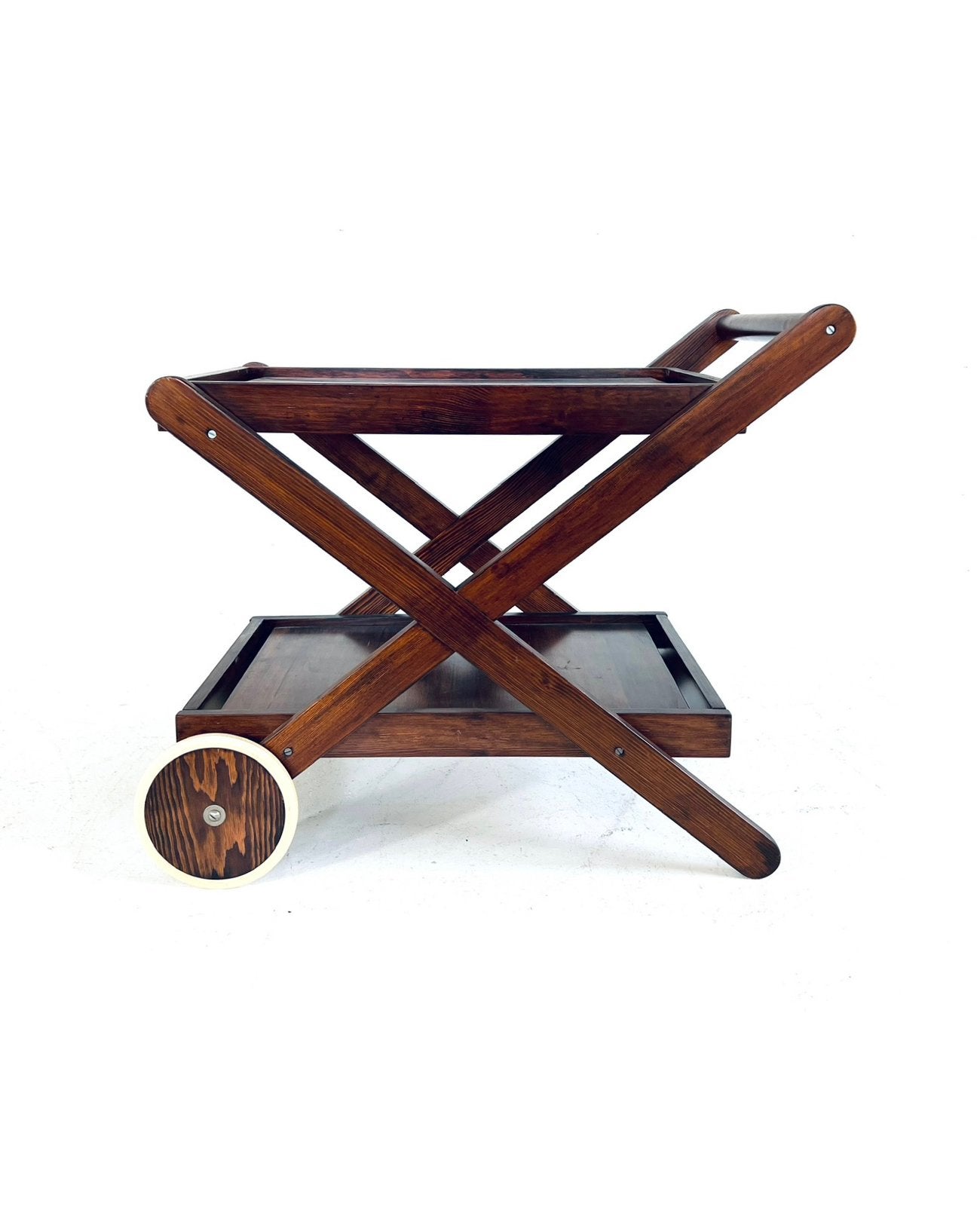 Vintage grenenhouten trolley ‘60, Vintage retro buisframe design rotan webbing papercord deens, Ophalen of Verzenden, Zo goed als nieuw