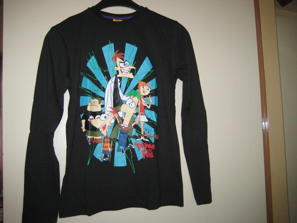 Zwart shirt, 146/152, Disney Phineas Ferb (390), Ophalen of Verzenden, Zo goed als nieuw, Jongen, Shirt of Longsleeve