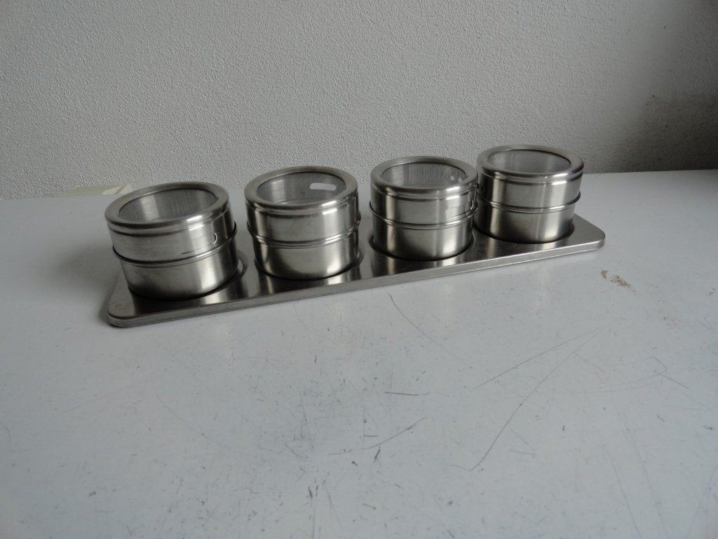 RVS kruiden 4 potjes met houder op magneet, Zilver, Ophalen of Verzenden, Zo goed als nieuw, Voorraadpot
