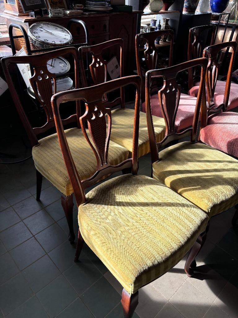 Vintage Houten Stoelen Velvet Mosterdgroen Queen Anne, Ophalen