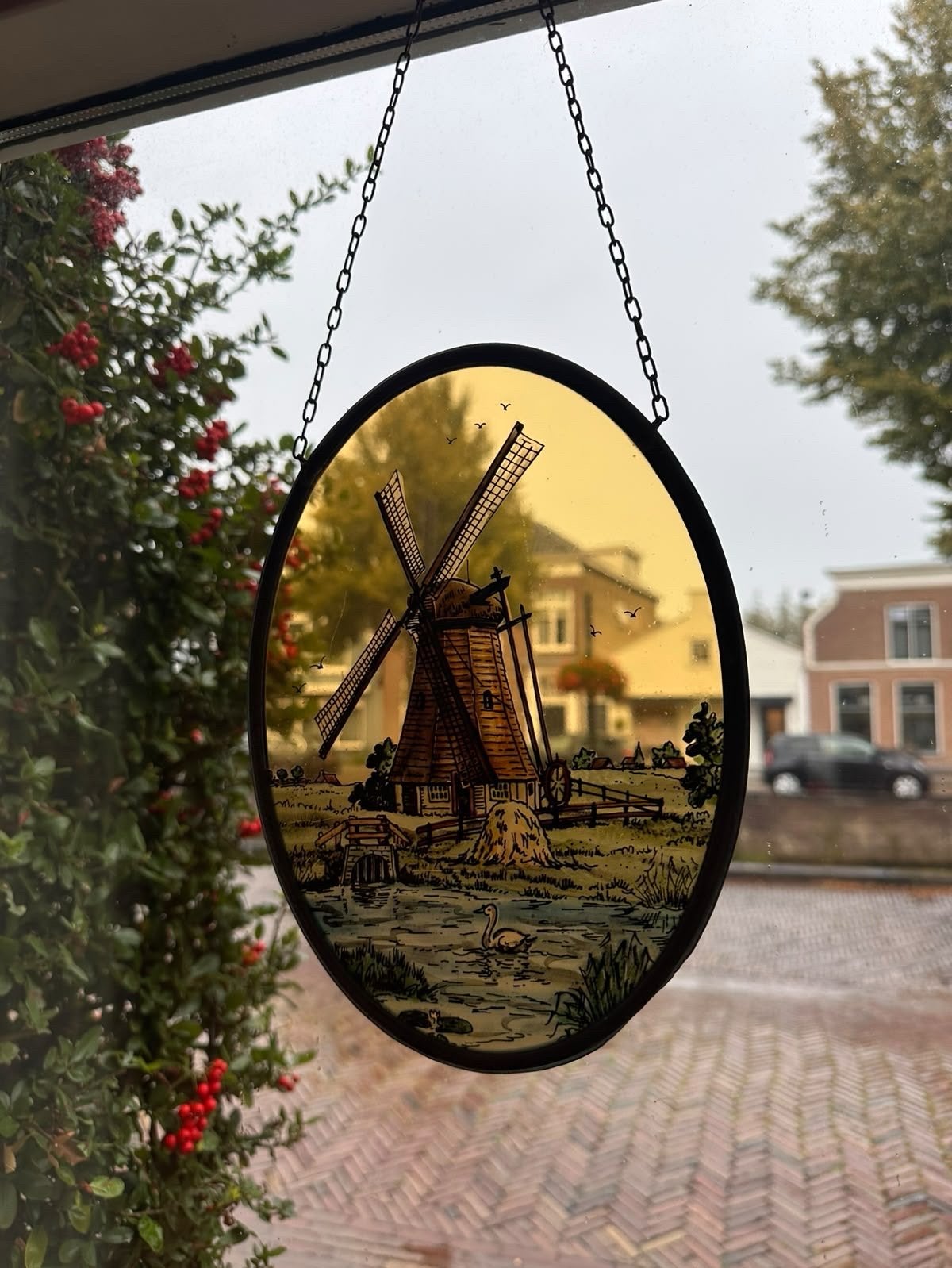 Gebrandschilderd glas met molen - Raamhanger, Antiek en Kunst, Ophalen