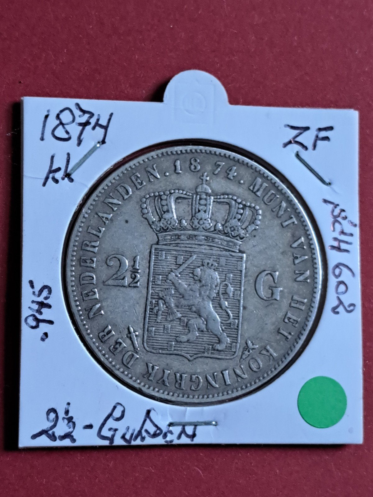Nederland 2 1/2 gulden 1874, Koning Willem III, Zilver, Ophalen of Verzenden, Losse munt