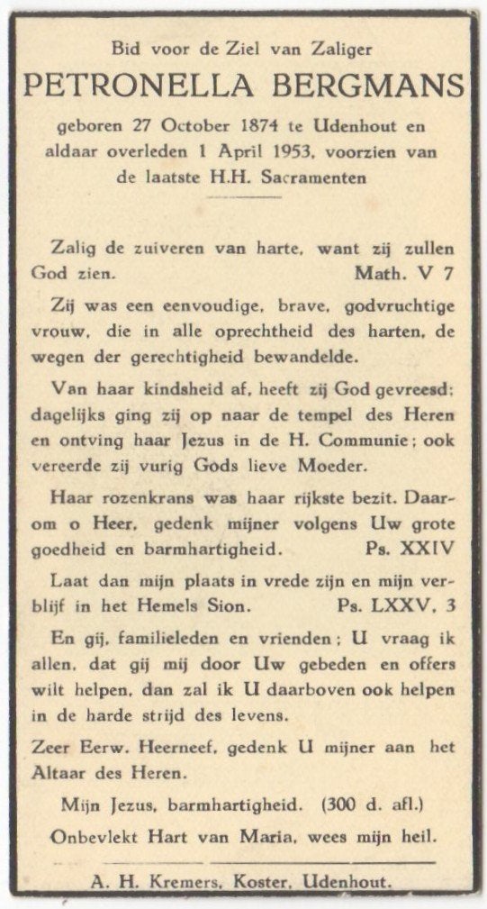Petronella Bergmans 1874 Udenhout + 1953 Udenhout, 78 jr, Verzamelen, Ophalen of Verzenden