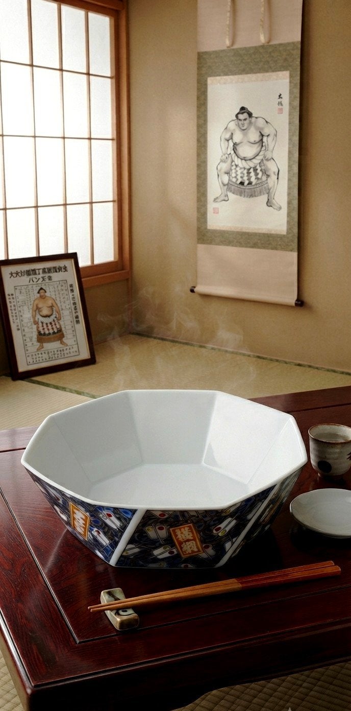 ​Japanse Oktagonele Schaal - Sumo Thema - 21 cm, Porselein of Keramiek, Schaal, Vaatwasserbestendig, Nieuw