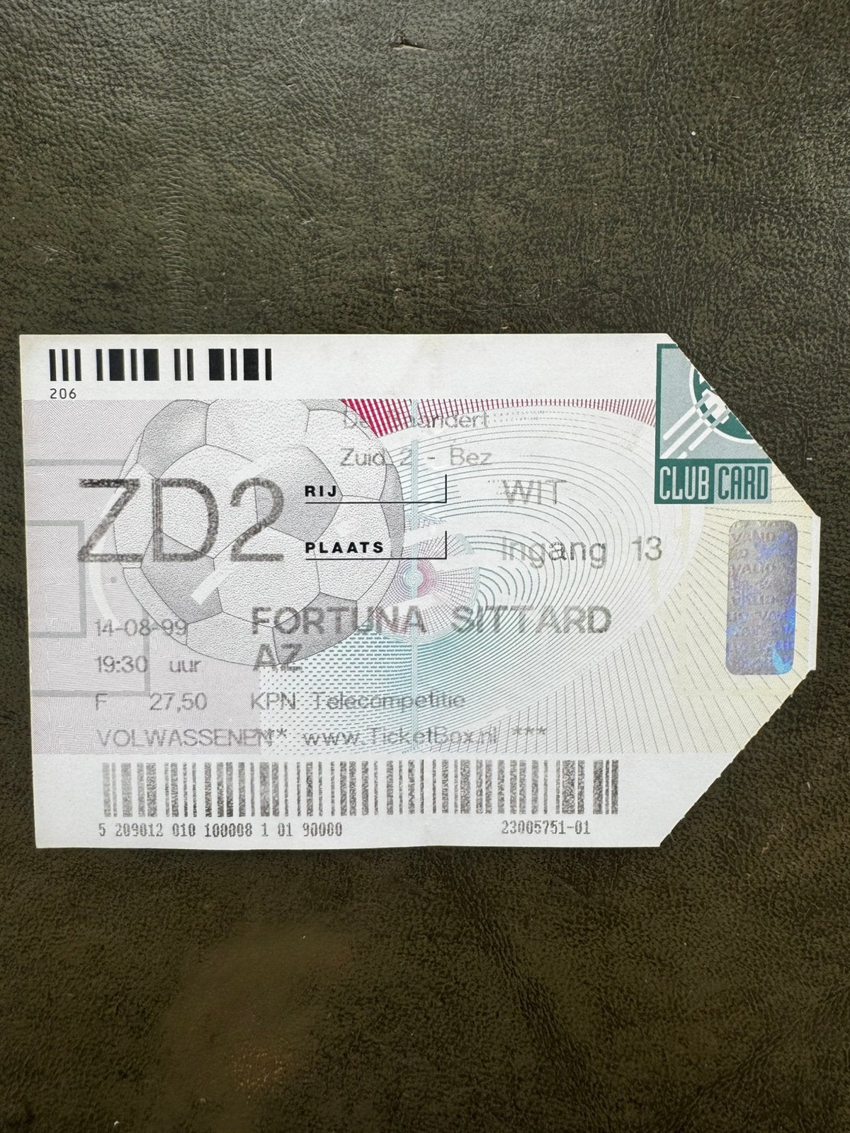 Ticket Fortuna Sittard-AZ 14-08-1999, Verzenden, Gebruikt, AZ, Overige typen