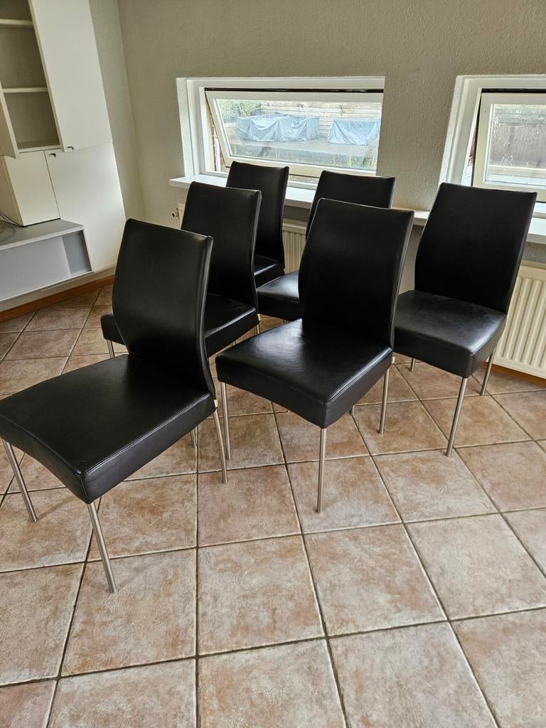 6x Bert Plantagie leren eetkamerstoelen - Zwart, Ophalen, Gebruikt, Zwart, Modern, Tijdloos