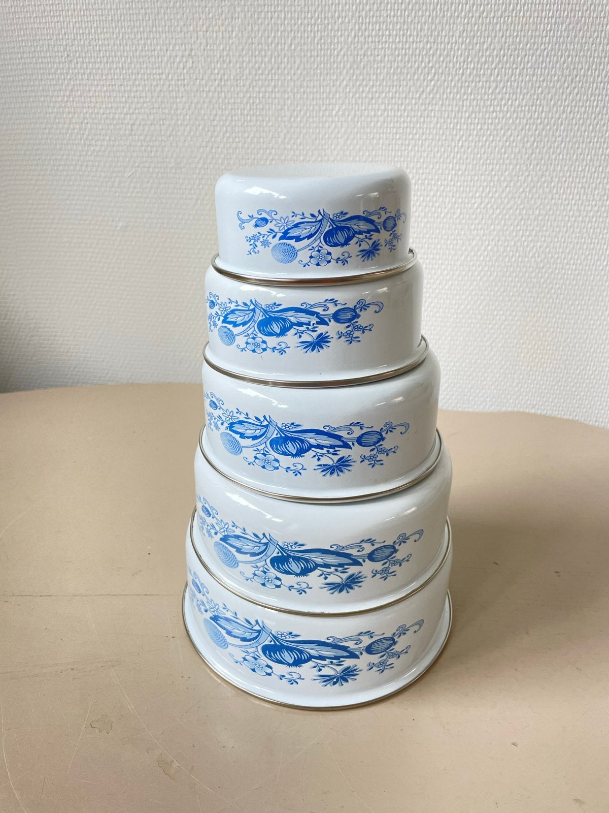 Emaille schalenset 5-in-1 met blauw bloemmotief, Ophalen of Verzenden