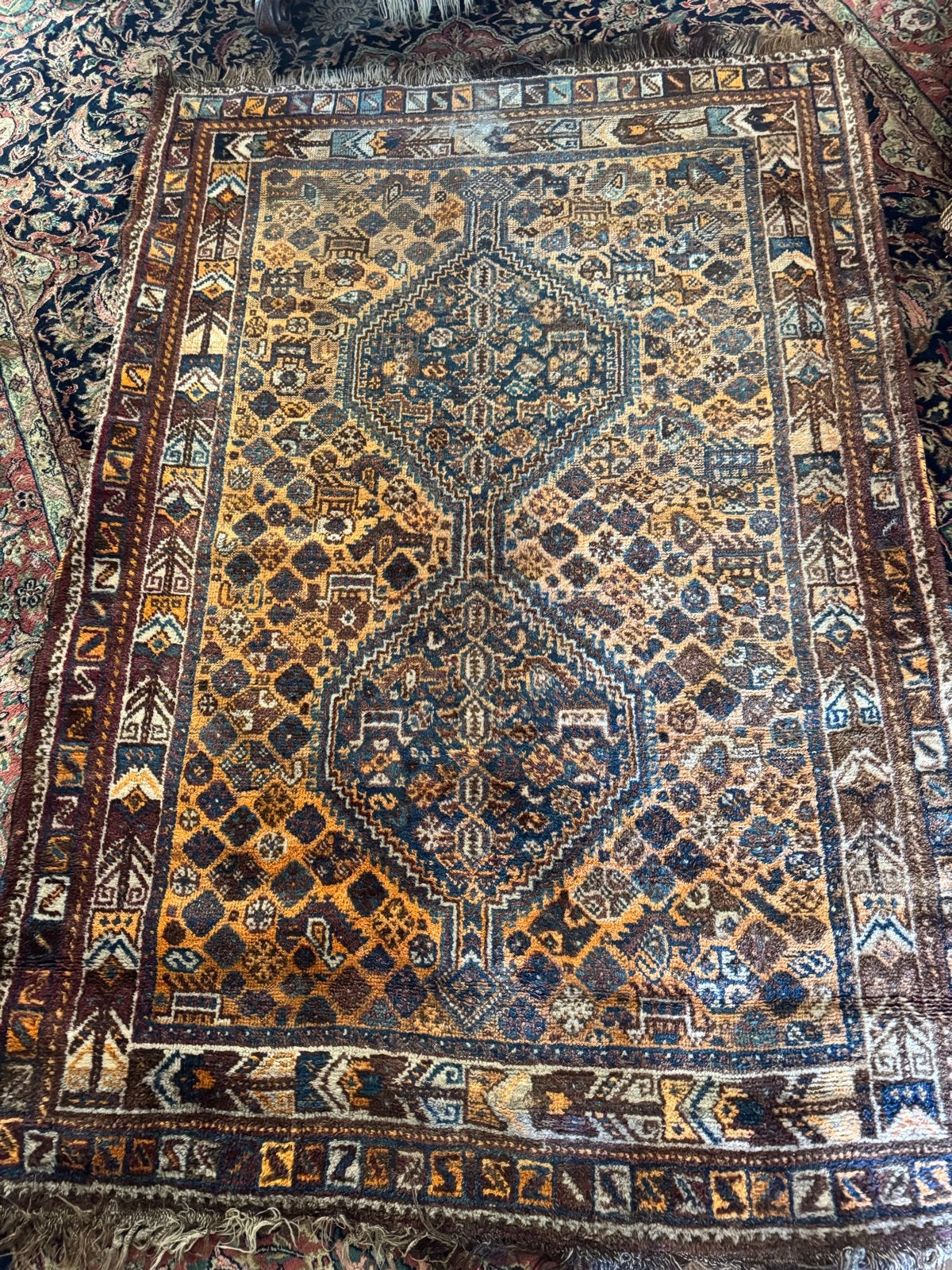 Vintage Oosters Tapijt - Handgeknoopt Wol aarde tinten, Ophalen, Gebruikt, 100 tot 150 cm, Blauw