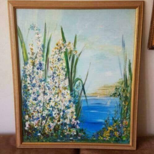 Schilderij Séphina Kersten gezicht op meer walkant, Ophalen
