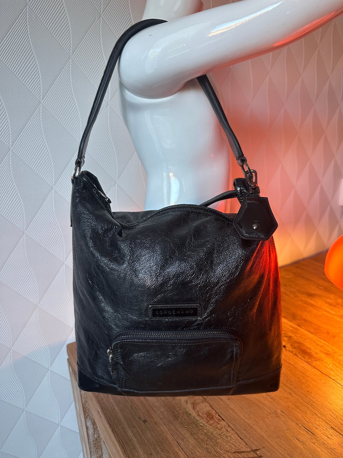 Originele Longchamp Tas - leer, Made in France, met dustbag, Ophalen of Verzenden, Gebruikt, Zwart, Overige typen