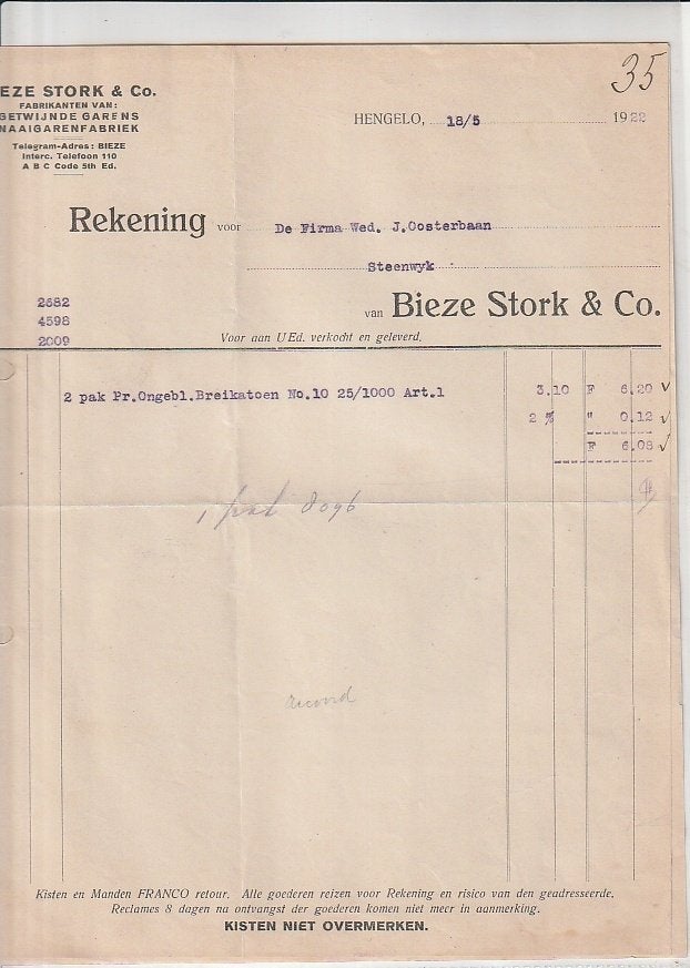 Hengelo Bieze Stork naaigarenfabriek factuur 1922, Ophalen of Verzenden, Zo goed als nieuw, Overige typen