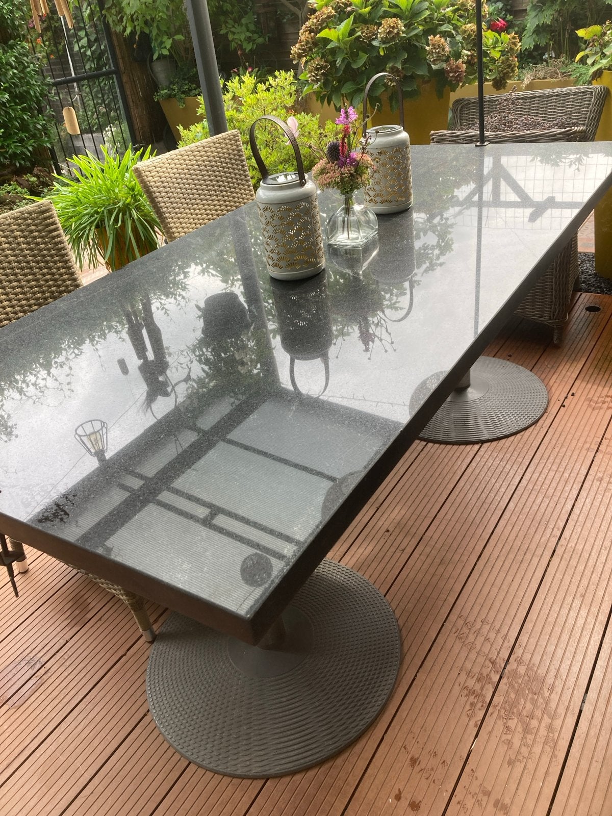 Tuinset met granieten tafel en gratis 7 wicker stoelen, Ophalen of Verzenden, Zo goed als nieuw, Rechthoekig, Overige materialen
