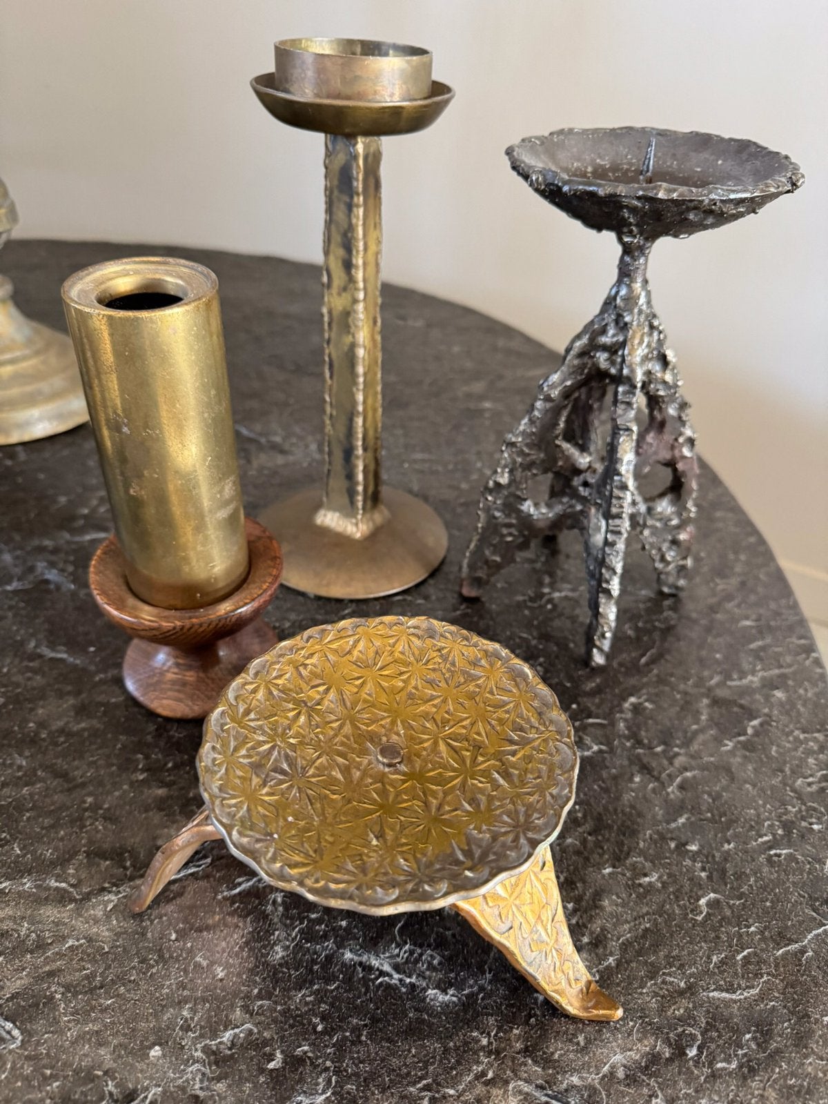 Set unieke Brutalist Bronzen en koperen kandelaars, Ophalen of Verzenden, Goud, Kandelaar, PTMD