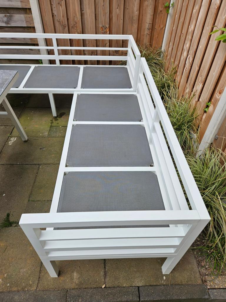 Complete loungeset met hoekbank, tafel en bankje, Ophalen, Gebruikt, Aluminium, Loungeset