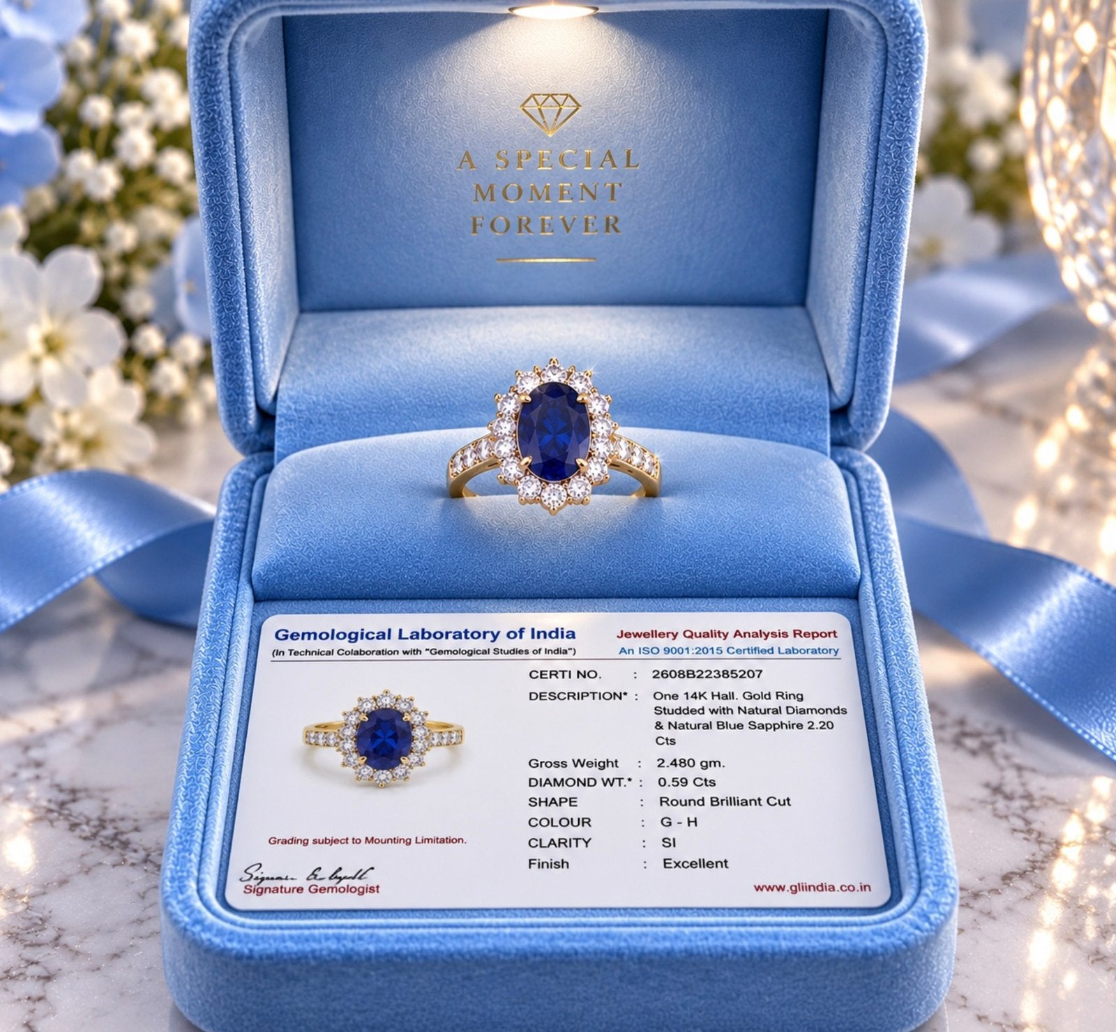 Ring goud met diamanten en saffier, Sieraden, Tassen en Uiterlijk, Nieuw, Ophalen of Verzenden, 17 tot 18, Dame