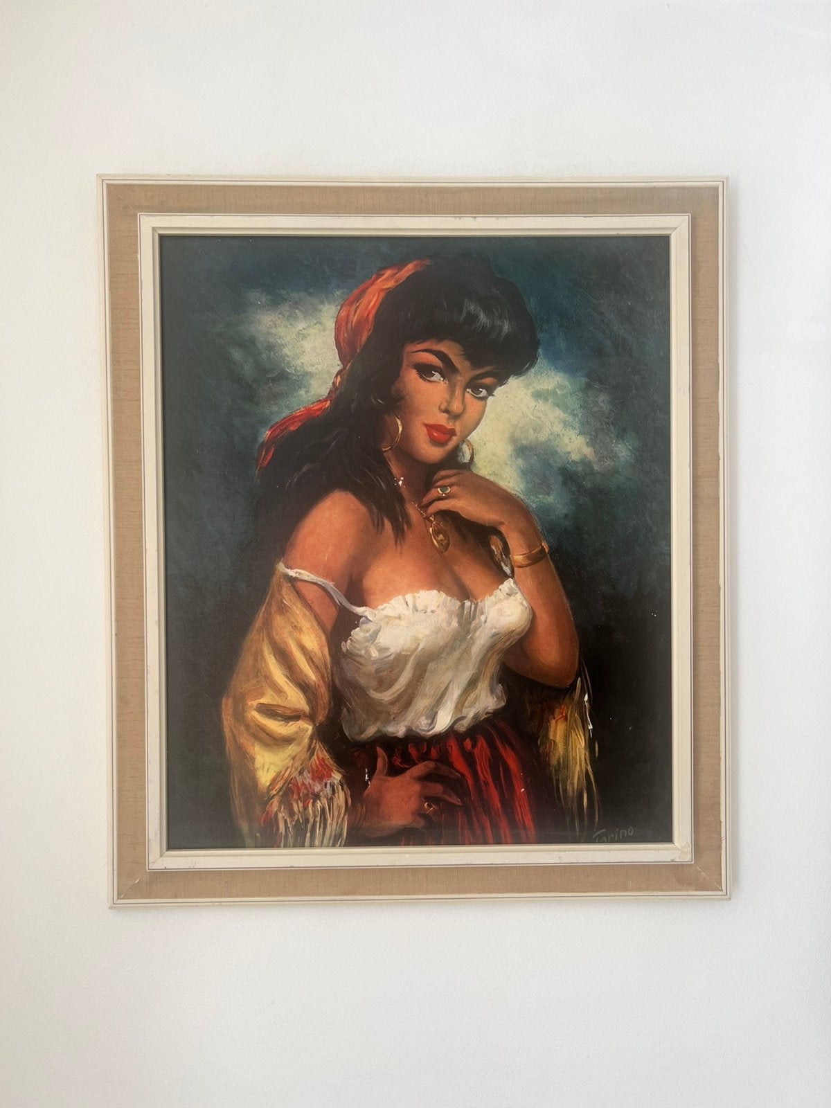 Schilderij Zigeunerin Juanita Torino vintage jaren 60, Portret of Personen, Bijzondere lijst, Ophalen of Verzenden, Papier