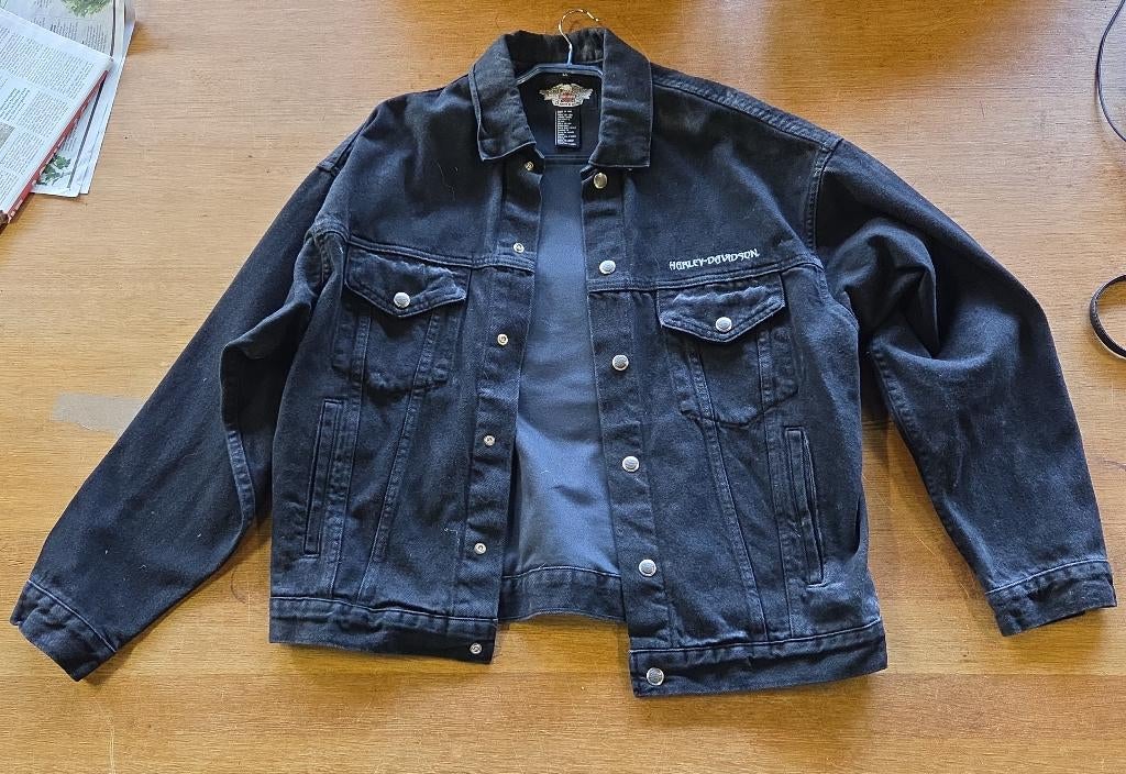 Vintage zwarte denim Harley Davidson jas reliëf-adelaar, Kleding | Heren, Maat 48/50 (M), Zwart, Ophalen of Verzenden, X