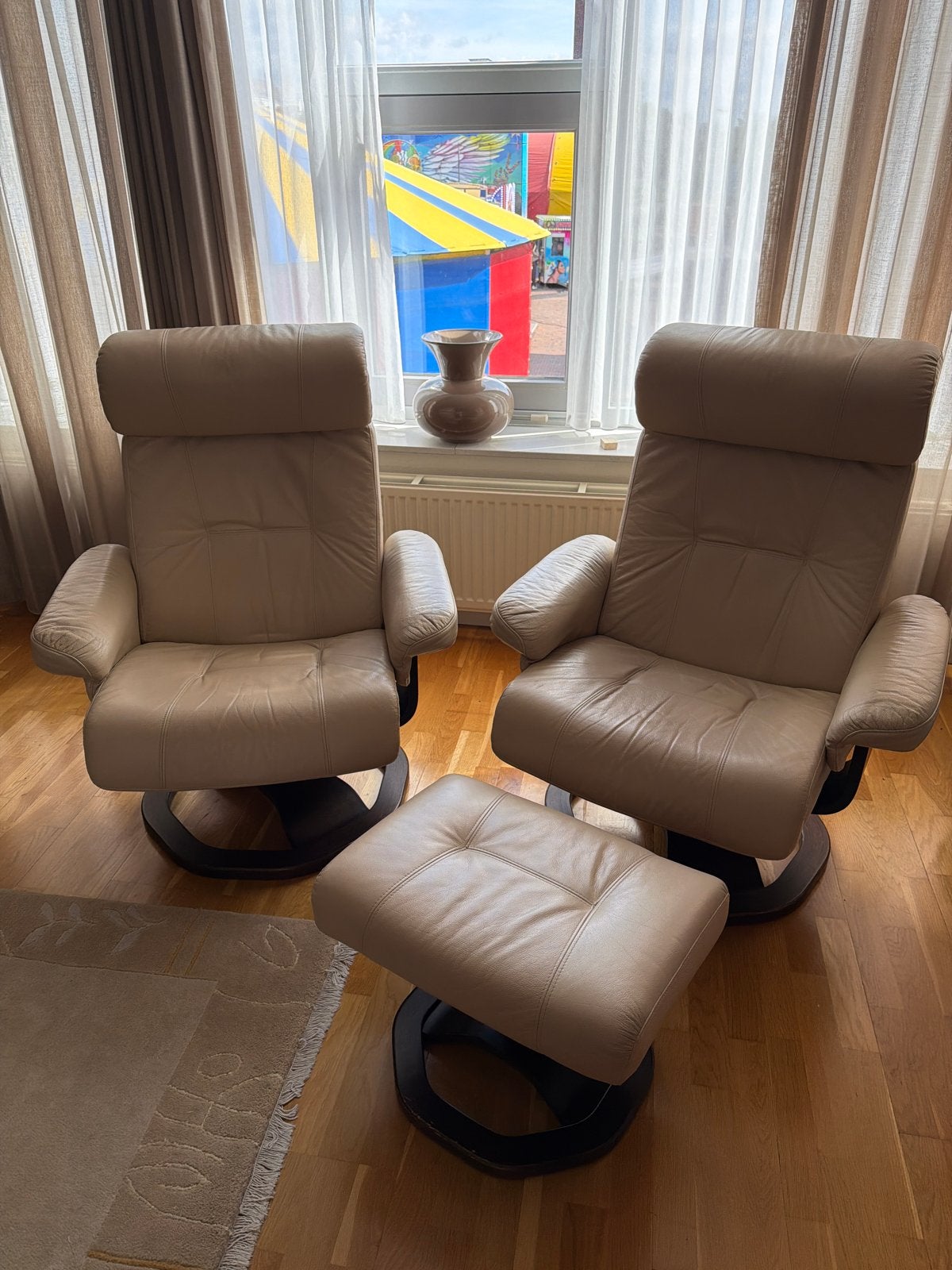Leren Relaxfauteuils met Voetenbank - Crème, Huis en Inrichting, Ophalen, Gebruikt, Leer, 75 tot 100 cm